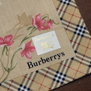 BURBERRYS of London Scarf Floral Nova Check Cotton Tan Vintage Accessory 19.5"